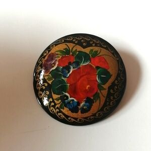 Vintage Traditional Russian Handpainted Lacquered Wooden Brooch